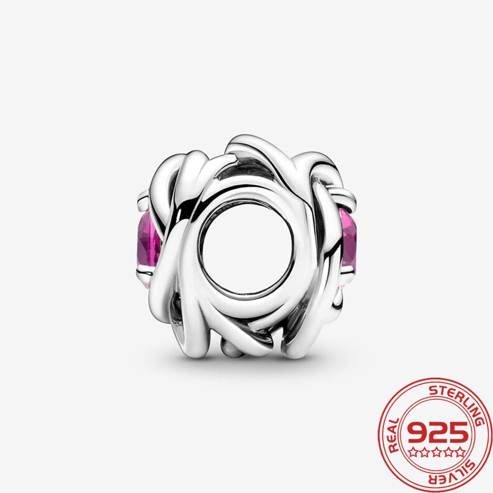 Fine 925 Silver October Pink Birthstone Eternity Circle Charm Fit Fashion Bracelet Silver Charm Necklace Girls Gifts DIY Jewelry