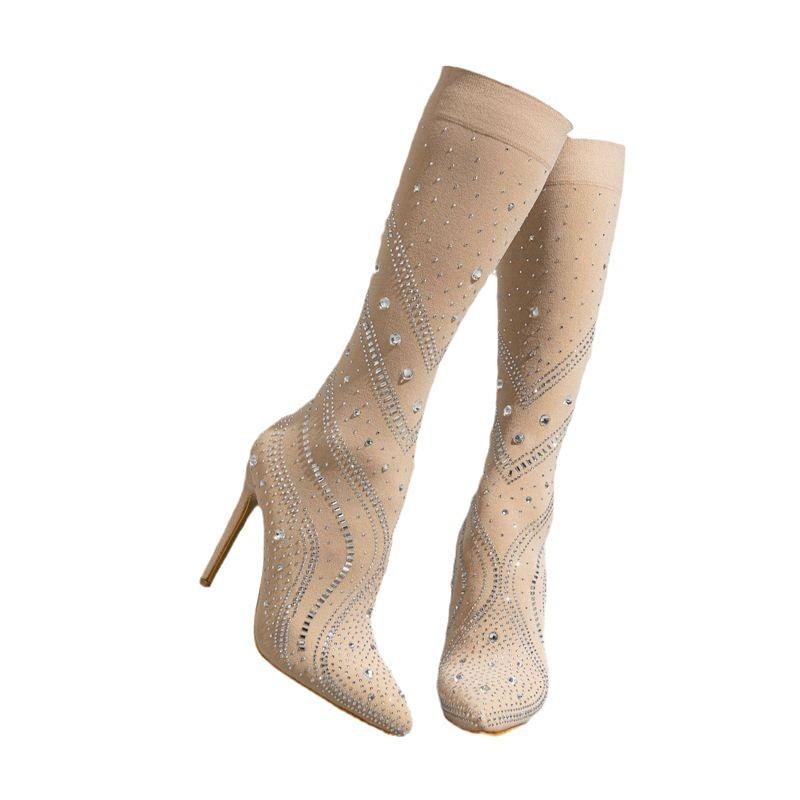 Женские сексуальные узкие зауженные сапоги для ночного клуба в европейском и американском стиле со стразами, длиной до середины голени, на высоком каблуке-шпильке
