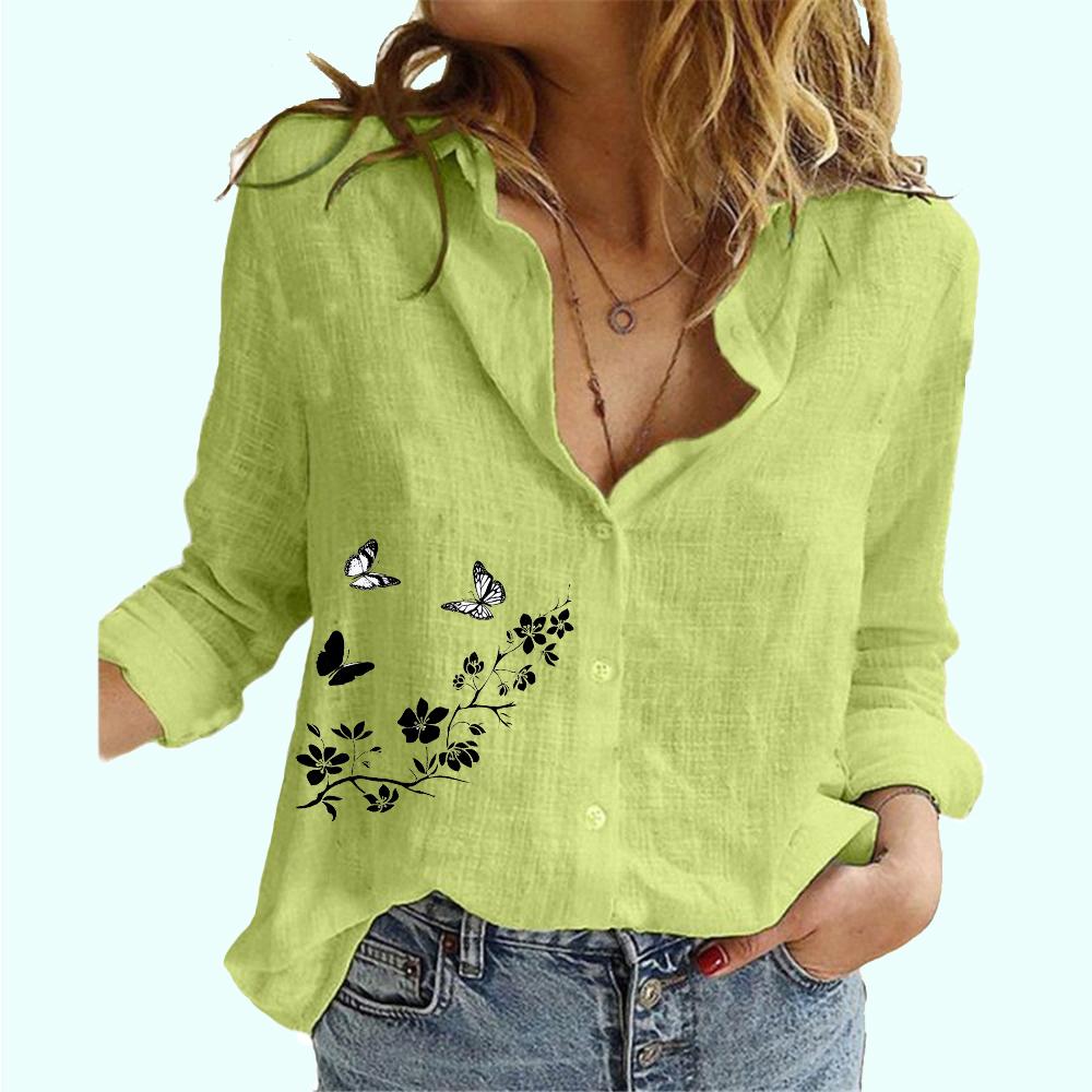 Женская мода хлопок льняная рубашка весна и осень отворот воротник тонкий топ повседневный принт блузка