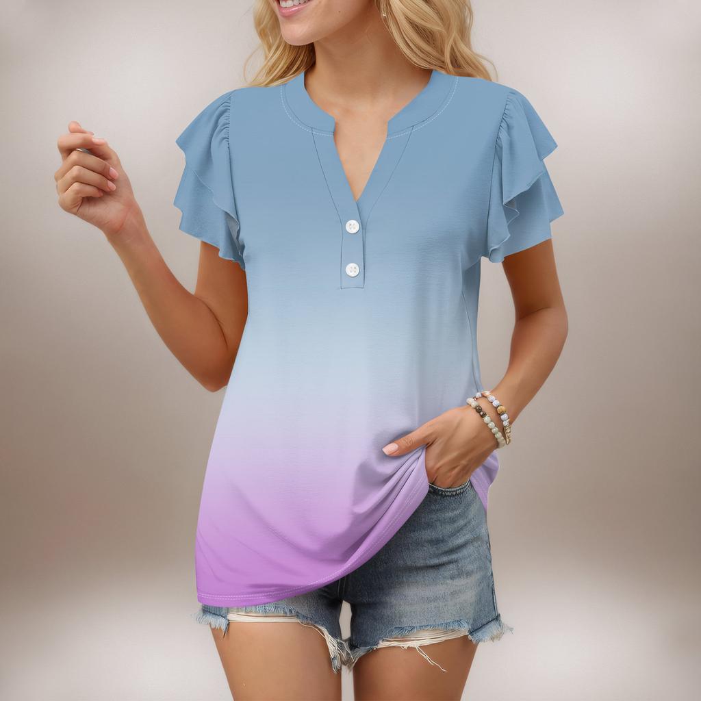 Женский повседневный топ с короткими рукавами и V-образным вырезом, с оборками и градиентом
