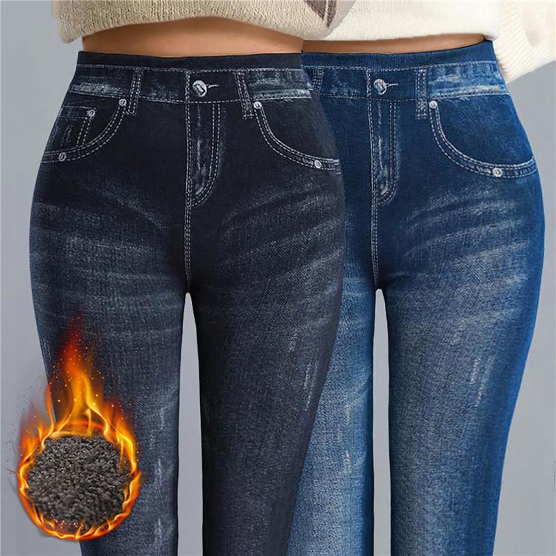 Осень-зима женские утолщенные брюки-карандаш узкие брюки с высокой талией узкие плюшевые джинсы из искусственного денима супер теплые бархатные женские леггинсы