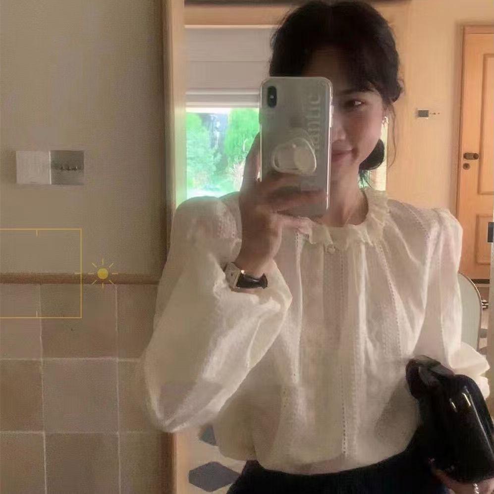 French Retro Crochet Shirt with Lace Petal Collar, Apricot, Long Sleeve, Gentle Style for Spring/Autumn Women's Fashion