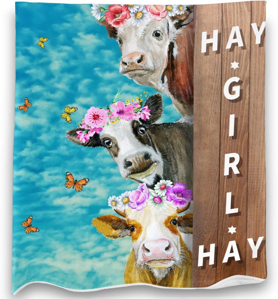 Cute Cow Blanket Super Soft Cow Print Flower Throw Blanket Lightweight Plush Flannel Blanket for Kids Adults Bed Sofa Living Room
