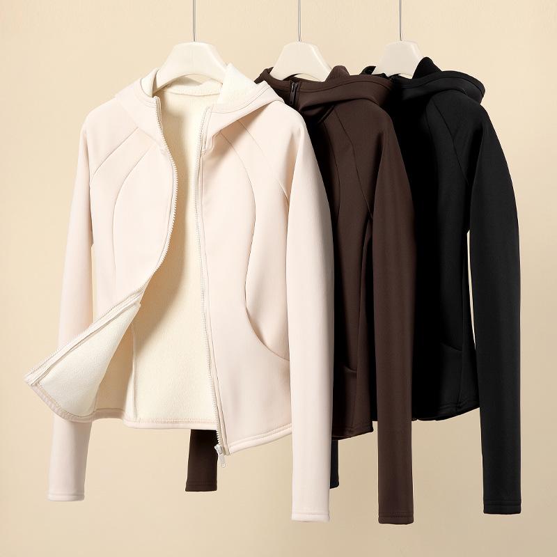 Женская облегающая куртка для йоги с капюшоном H675 - осенне-зимний бархат, утолщенная, ветрозащитная, теплый верх