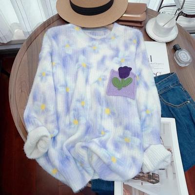 Контрастный O-образный вырез с трехмерным цветком, женский свитер с длинными рукавами, женский пуловер, осенний свободный повседневный топ