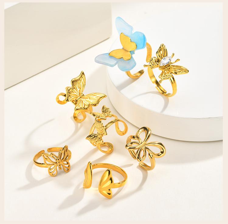 Y2K Hollow Butterfly Statement Ring, Stainless Steel Open Adjustable Band, Tarnish Free 18K Gold Plated Fashion Jewelry