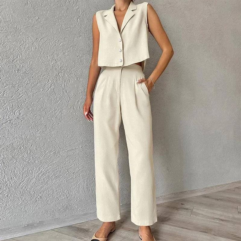 Casual Solid Vest Suit Women Sleeveless Single Breasted Tops High Waist Pants Summer Fashion Lady Elegant Set