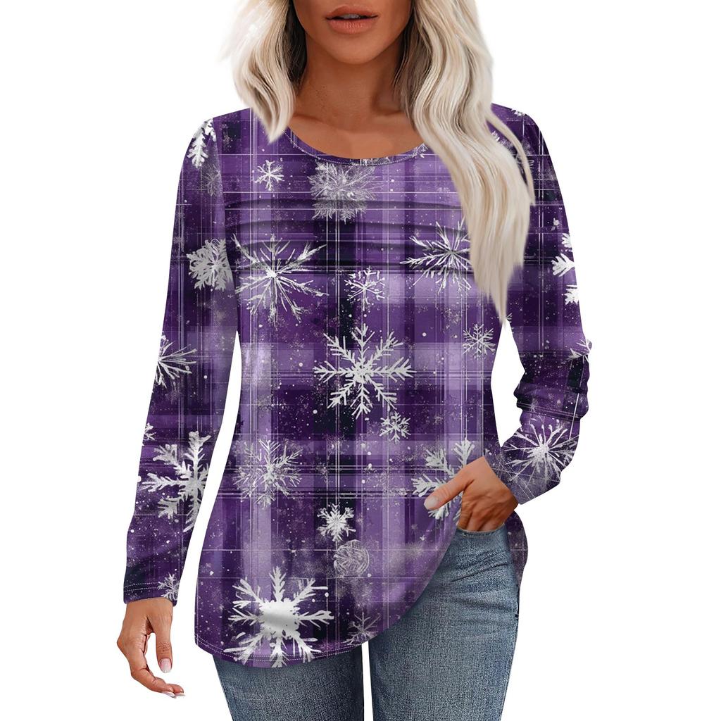 Women's Fashion Casual Christmas Printed Round Neck Pleated Long Sleeve T-Shirt Top