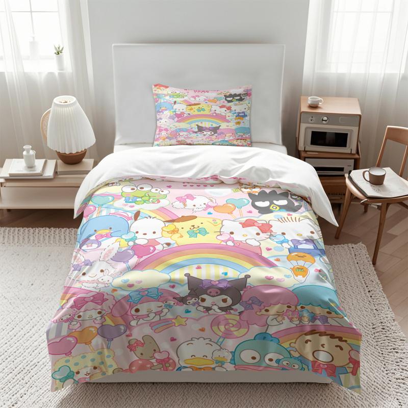 Sanrio Friends Пастельный Радужный Комплект Постельного Белья Кавайный Принт По Всей Поверхности Комплект Пододеяльника С Наволочками Детская Спальня Аниме Постельное Белье