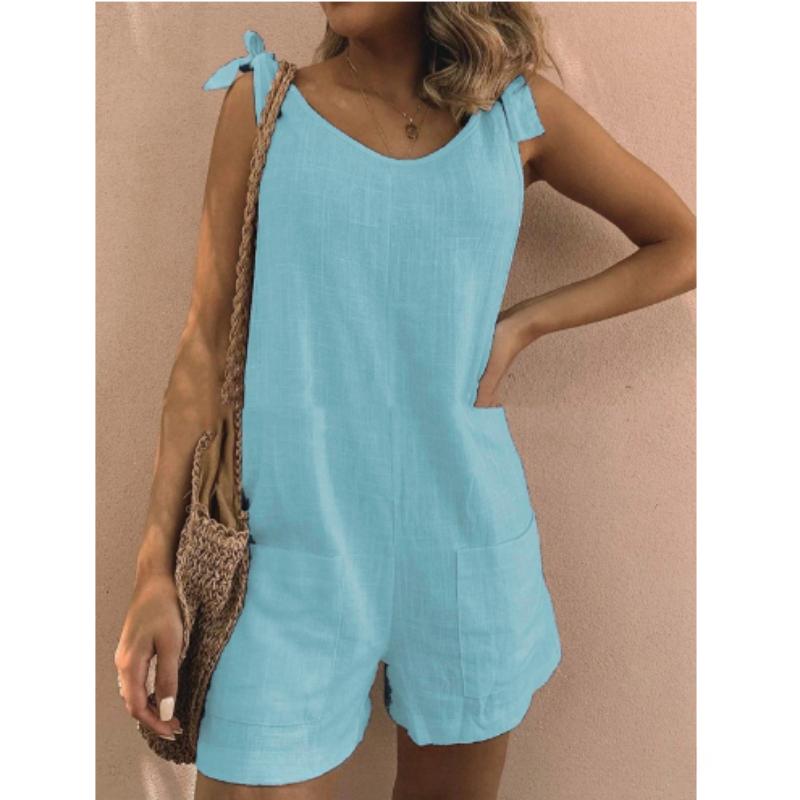 Summer Women's Solid Color Cotton and Linen Patch Pockets Loose Casual Jumpsuit Shorts Suspenders Overalls Bib Pants Sleeveless Jumpsuit