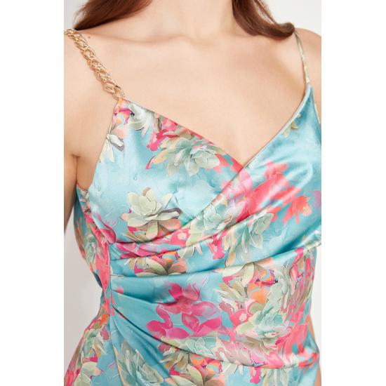 Multi Colored Floral Printed Satin Dress