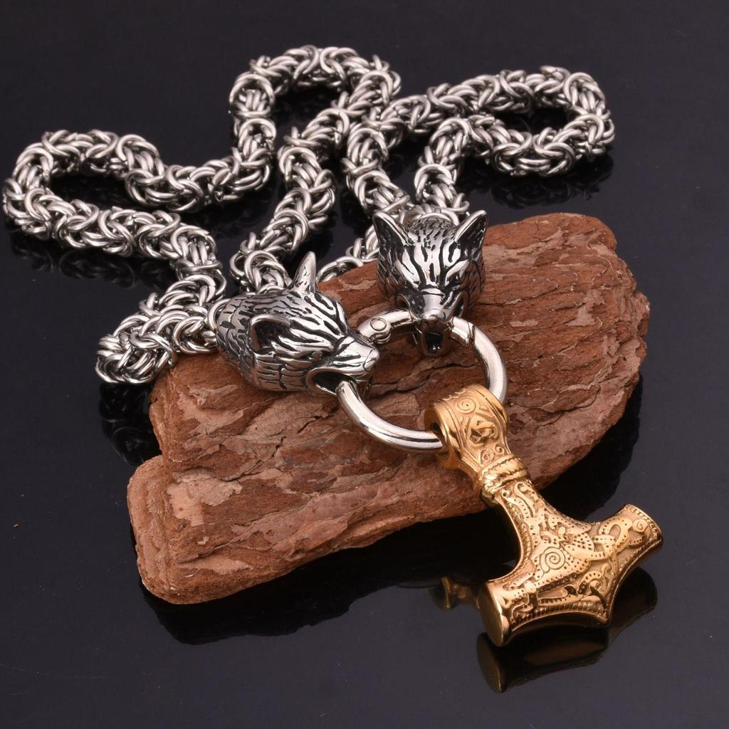 Fashionable Stainless Steel Viking Necklace Wolf Head Thor -Headed Thunderbroken Pendant Necklace Men 'S Jewelry Personality Personality