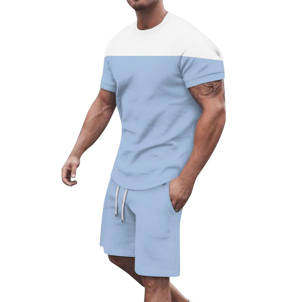 Men's Solid Color Shoulder Short Sleeved Shorts Breathable Men's Casual 2-piece Set