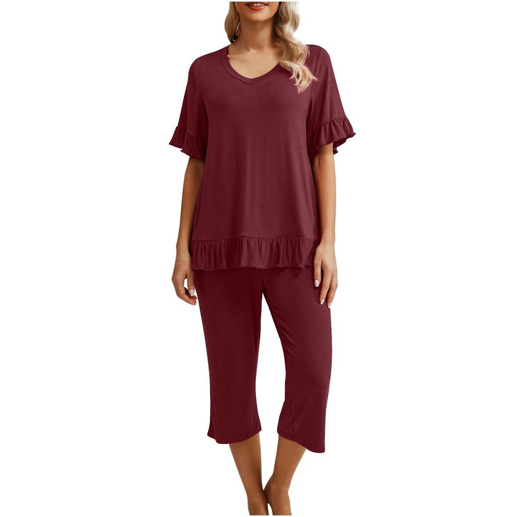 Женский пижамный комплект, рубашка с коротким рукавом, одежда для сна, женские брюки три четверти с карманами