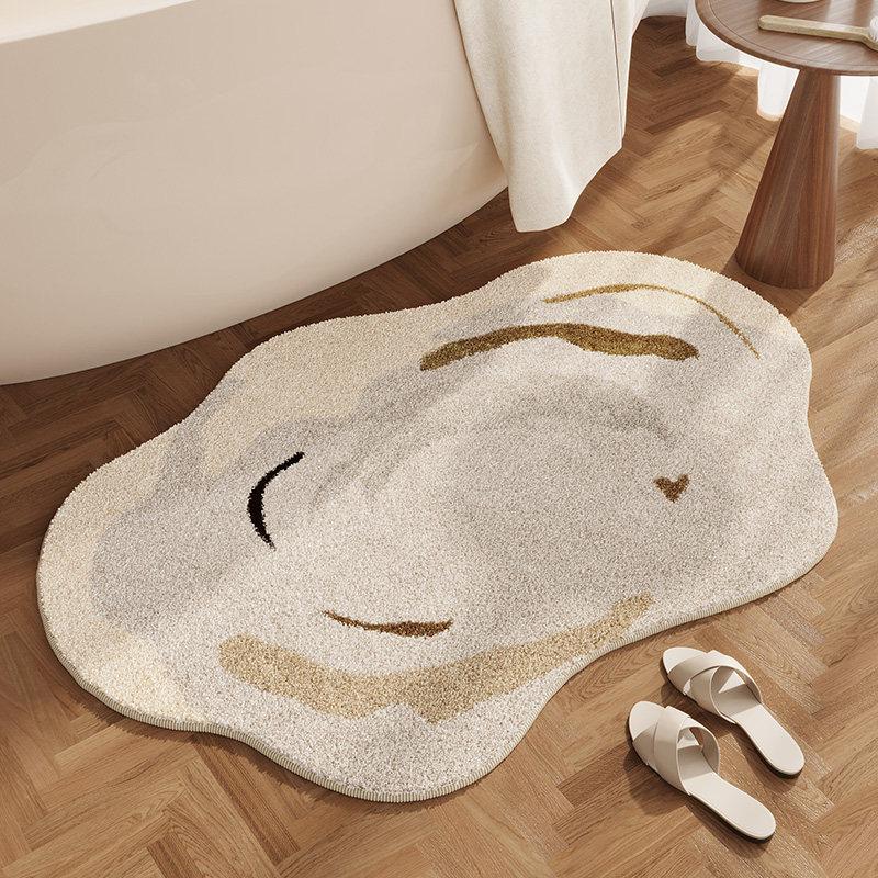 Wavy Cloud Irregular Bath Mat Non Slip Washable Absorbent Plush Rug Neutral Tone Bathroom Bedroom Floor Decor
