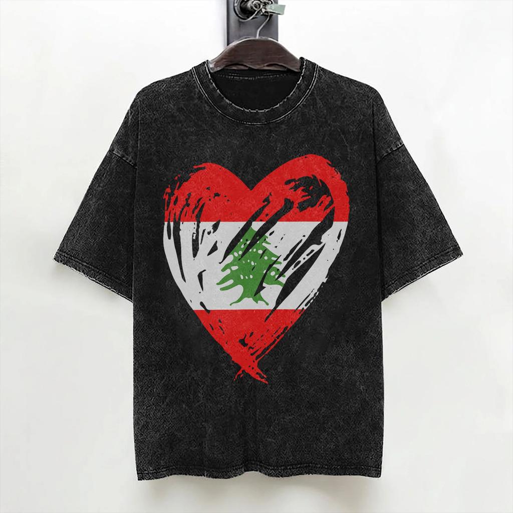 Lebanon Flag Heart T Shirts Washed Short Sleeve Harajuku TShirts Fashion for Men Women Streetwear Printed Tee Shirt