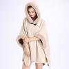 Womens Oversized Hooded Cape Coat With Faux Fur Trim Double-Faced Wool Blend Loose Fit Winter Warm Outerwear