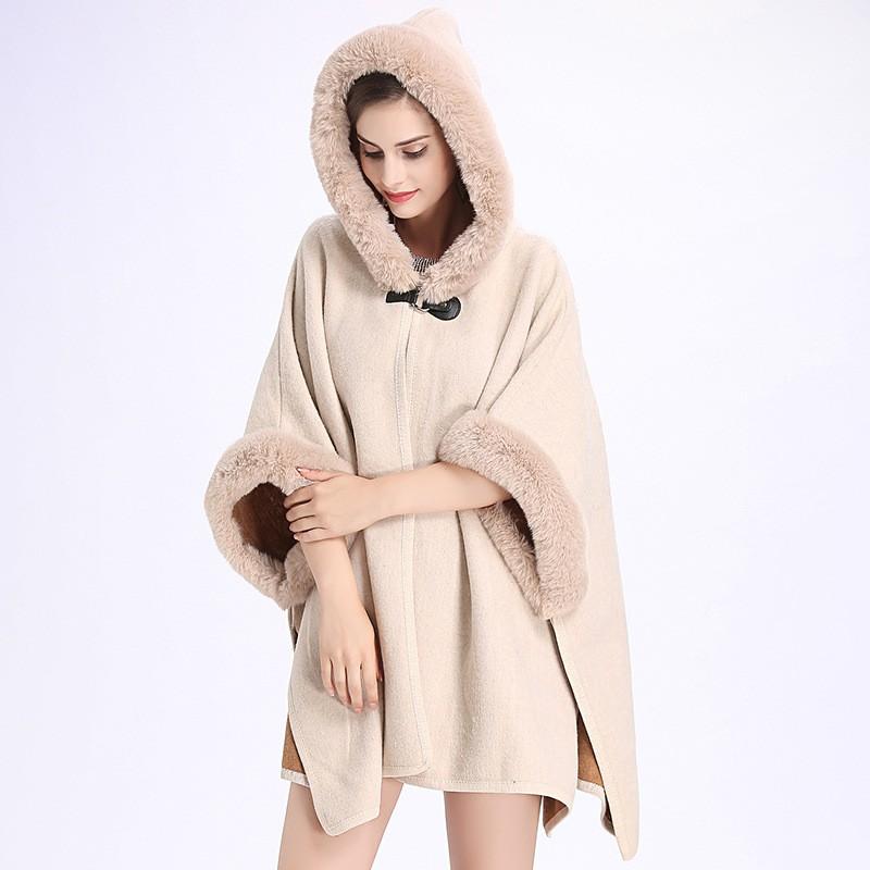 Womens Oversized Hooded Cape Coat With Faux Fur Trim Double-Faced Wool Blend Loose Fit Winter Warm Outerwear