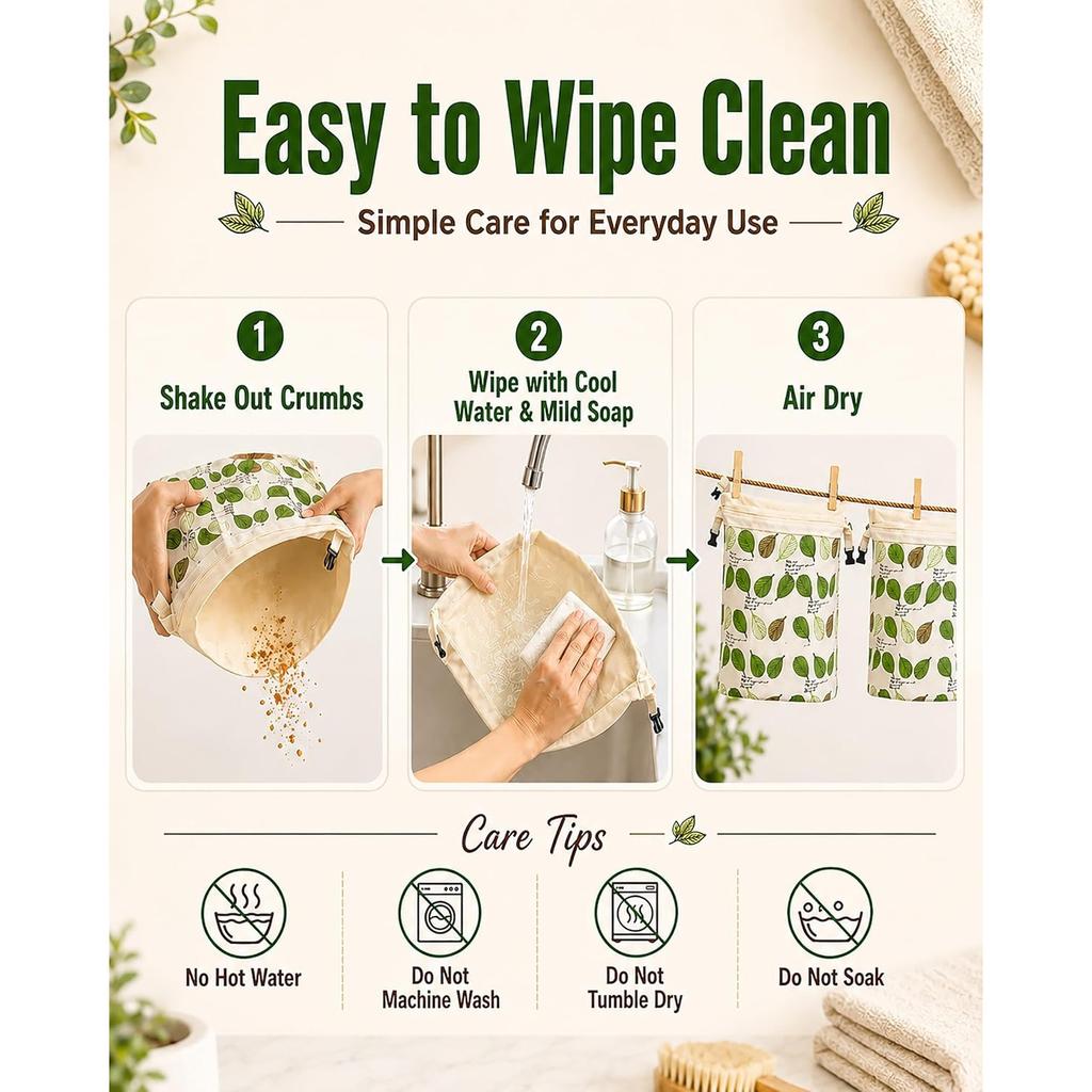 Beeswax Bread Bag for Homemade Bread, Sourdough Bread Bags with Zipper, 2 Pack XL 13"x17" Natural Beeswax Lined Cotton Bread Storage Bags