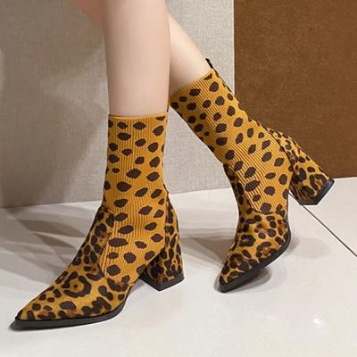 Обувь женская мода зимние леопардовый узор вязаные женские сапоги замшевые с острым носком толстый высокий каблук элегантные короткие сапоги Zapatos