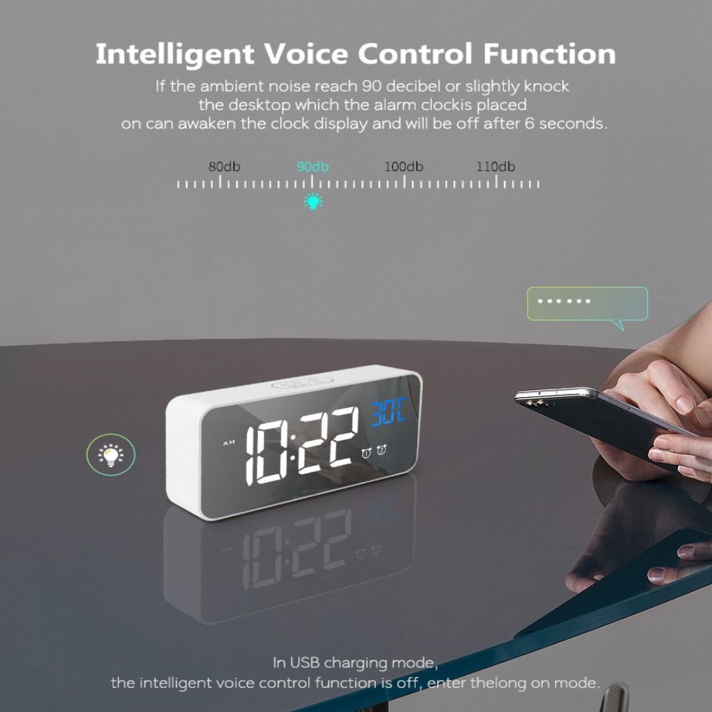 Voice Control Music Alarm Clock Mirror Desk Clock Ringtones LED Digital Clock Home Office