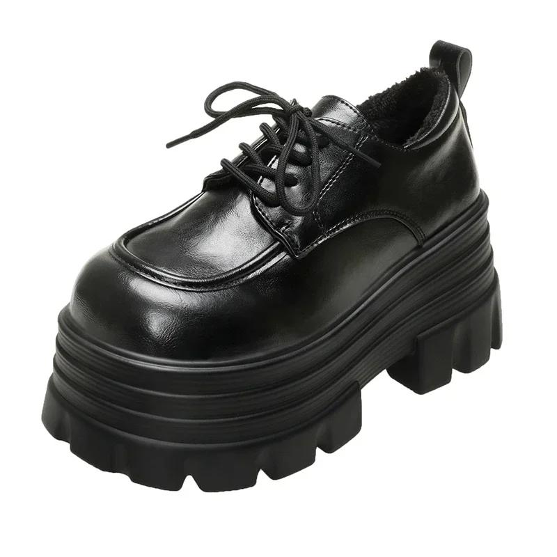 Модные 9 см Новые Женские Зимние Теплые Кроссовки На шнуровке Высокая Платформа Кожаная Обувь Женская Готическая До щиколотки Рок Ботинки Толстая Подошва Меховая Обувь