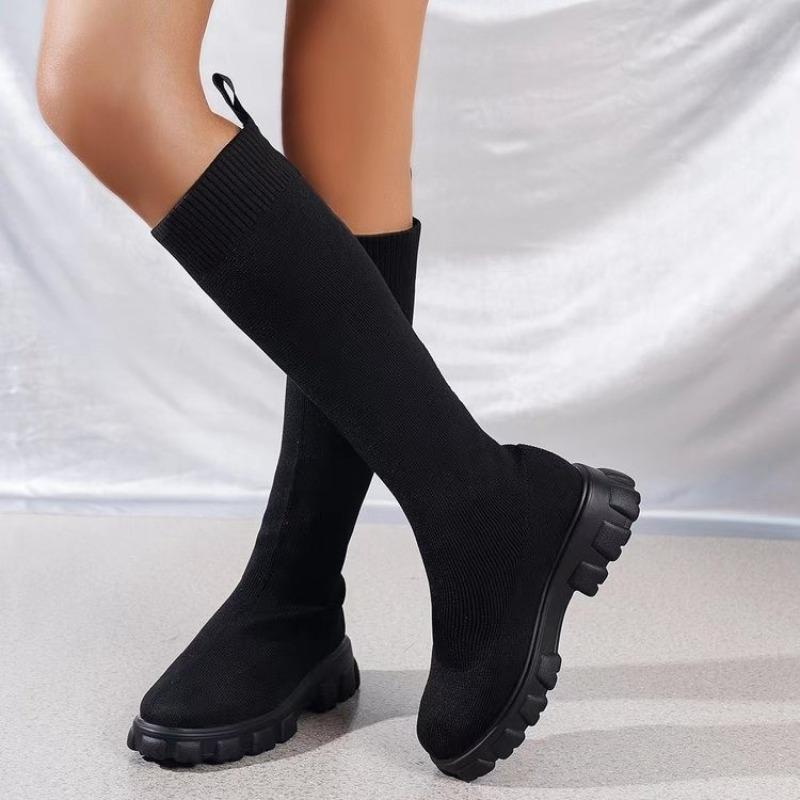 Fashion Thick Sole Knitted Long Boots for Women Fashion Elastic Socks Shoes Boots Over Knee Round Toe Low Heels 2024