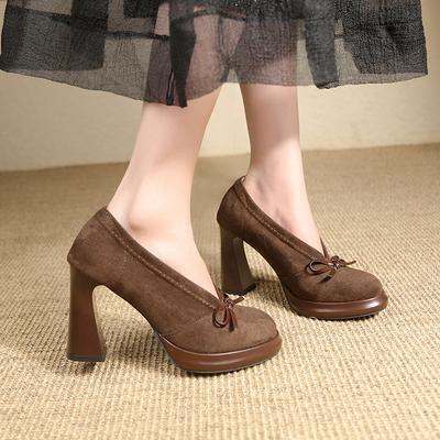 Бантик толстый каблук высокие каблуки женские 2025 новый осень и зима мода ретро с юбкой французские Мэри Джейн туфли-лодочки