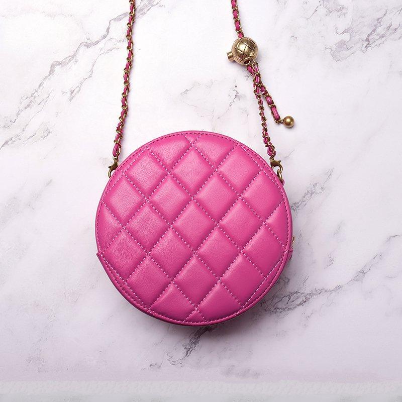 Spring new sheepskin small round cake bag, genuine leather small fragrant wind rhombus shoulder messenger bag, women's lipstick bag, women's bag