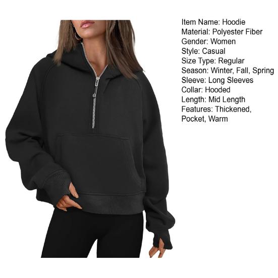 Fall Winter Hoodie Hooded Half Zipper Pocket Long Sleeves Loose Thick Pure Color
