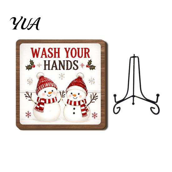 Xmas Party Ornament Christmas Wooden Tabletop Decor, 2D Pet Santa with Iron Stand, Rustic Holiday Sign for Home And Cafe Festive Shelf, Solid
