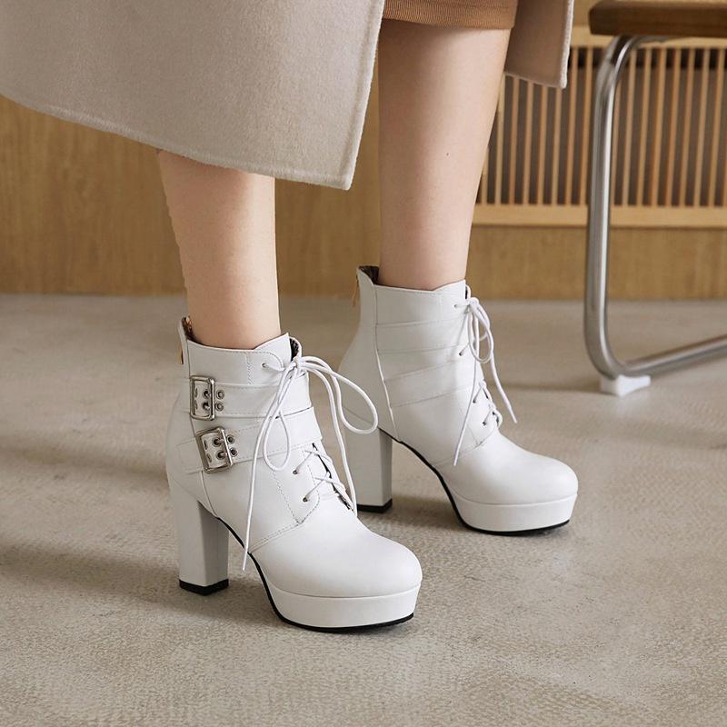 Fashion Women's Ankle Boots Platform Lace Up High Heel Short Boot Buckle Red Pink White Autumn Winter Sexy Ladies Party Shoes Large Size