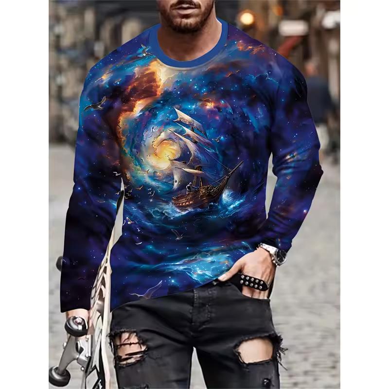 Mountain Water Ship Pattern T-Shirt For Men Chinese Buddha 3D Printed Tees Casual Long Sleeves Unisex T Shirts Loose O-Neck Tops