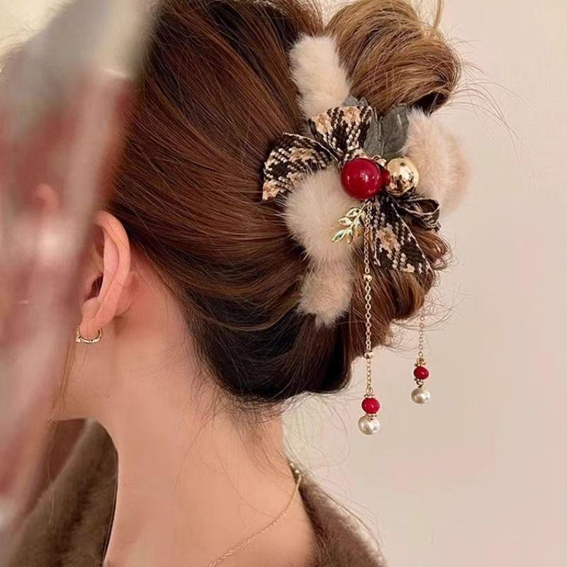 Festive Plush Bow Tassel Bell Claw Clip for Updo Hairstyles