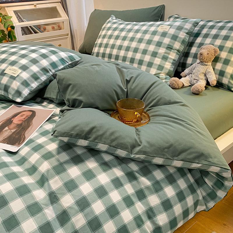 Простыня в клетку из четырех предметов и пододеяльник в японском стиле в скандинавском стиле, набор из трех предметов из стираного хлопка с начесом