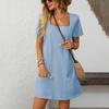 Women Mini Dress Square Collar Short Sleeve A-Line Knee-Length Casual Solid Color Summer Dress Daily Wear