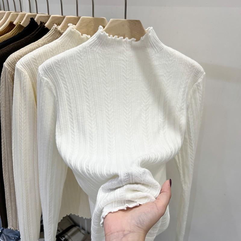 Трикотажная рубашка с кромкой из дерева, нижняя рубашка с полуводолазкой для женщин на осень и зиму с низом, новый женский топ