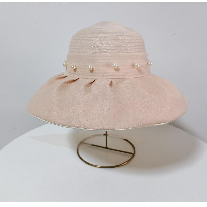 Big brim sun hat women's summer new pearl mesh temperament color glue bucket hat women's UV protection sun protection hat