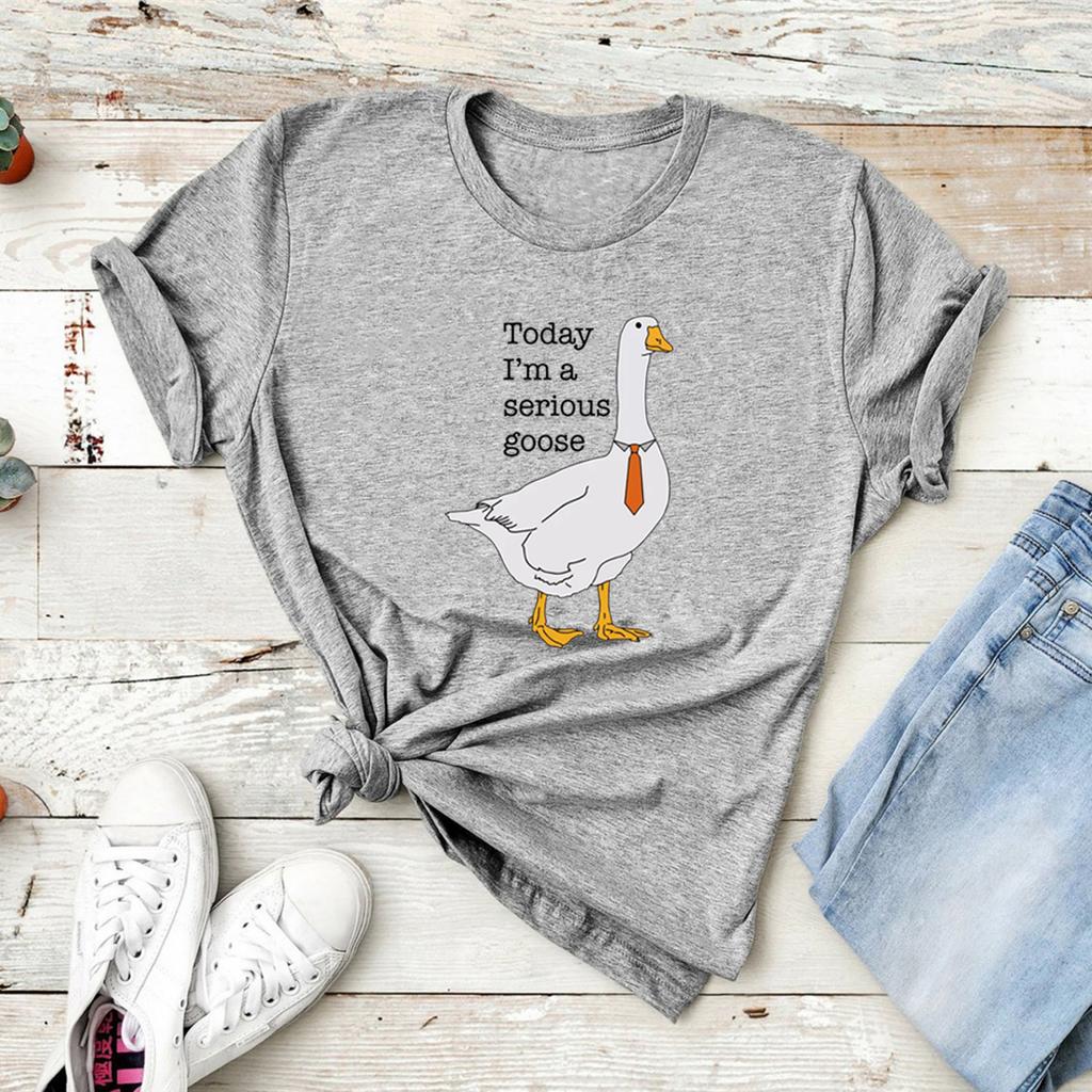 Summer Round Neck 3D Today I Am A Serious Goose Print Top Fashionable Casual Short Sleeved Women's T-shirts