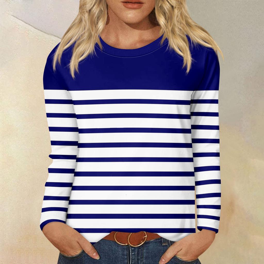 Рубашки с длинным рукавом для женщин, футболки в полоску с графическим принтом, блузки, повседневные базовые топы больших размеров, пуловеры