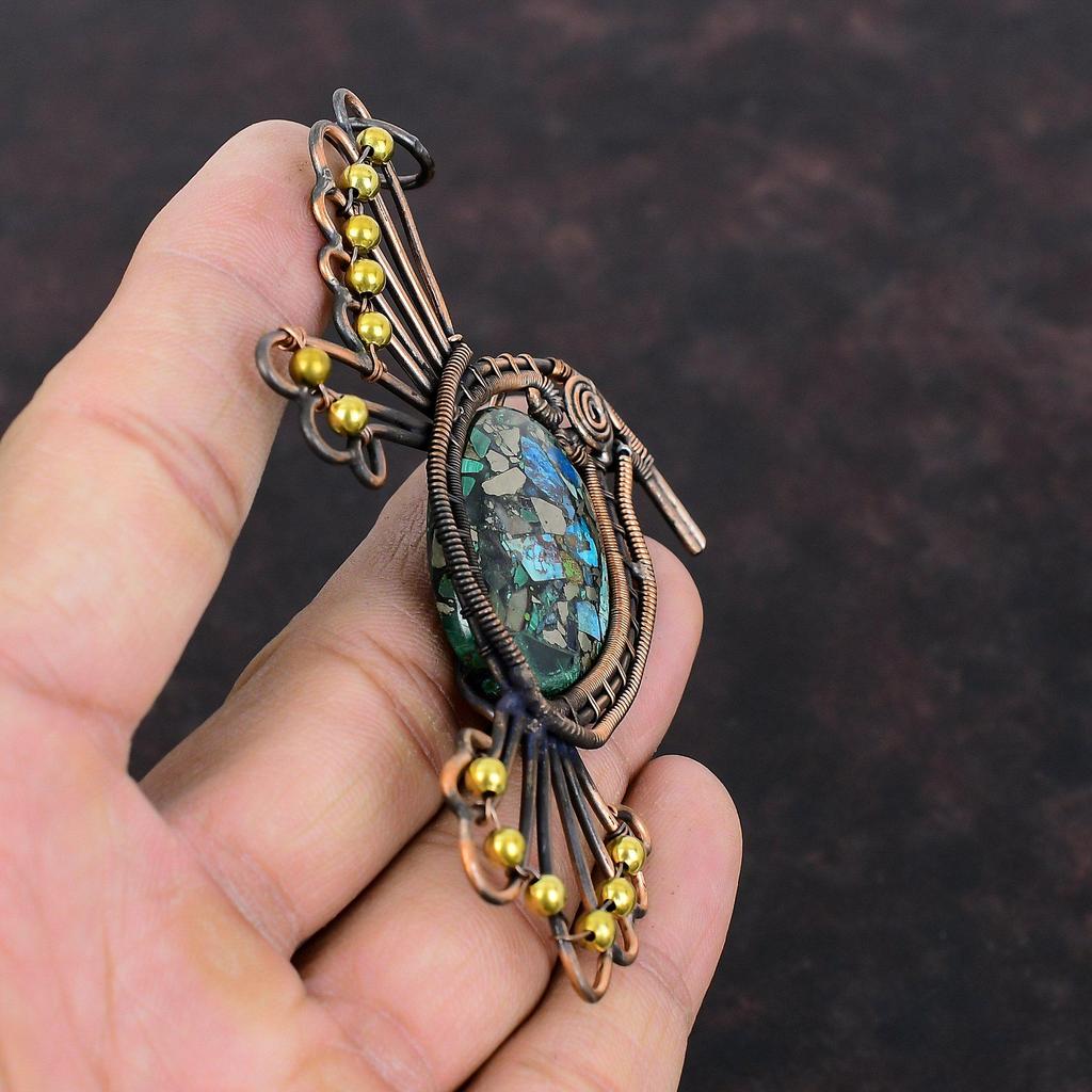 Подвеска из медного лазурита и малахита, подвеска из медной проволоки, ювелирные изделия из натурального драгоценного камня, подвеска в виде птицы ручной работы, подарок для нее, ювелирные изделия из медной проволоки