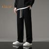 Fall Spring Men Pants Drawstring Elastic Waist Solid Color Pockets Loose Plus Size Straight Wide Leg Sport Trousers Daily Wear Casual Sweatpants