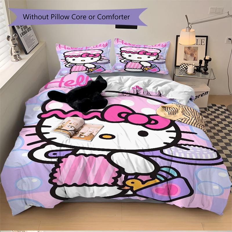 3 шт. Набор чехлов для кровати с принтом Hello Kitty, ультрамягкий, дышащий и удобный, стильный дизайн для спальни и гостевой комнаты 1 чехол