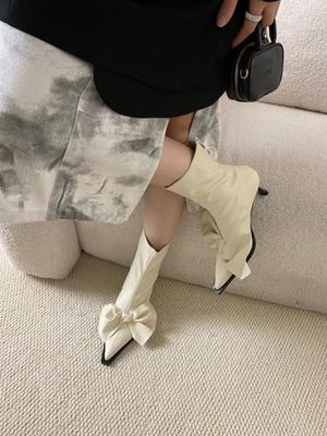 Модные женские ботильоны с большим милым бантом, черные, белые, женские, короткие, на тонком каблуке, с застежкой-молнией сзади, зимние, осенние, челси, размеры 35-39