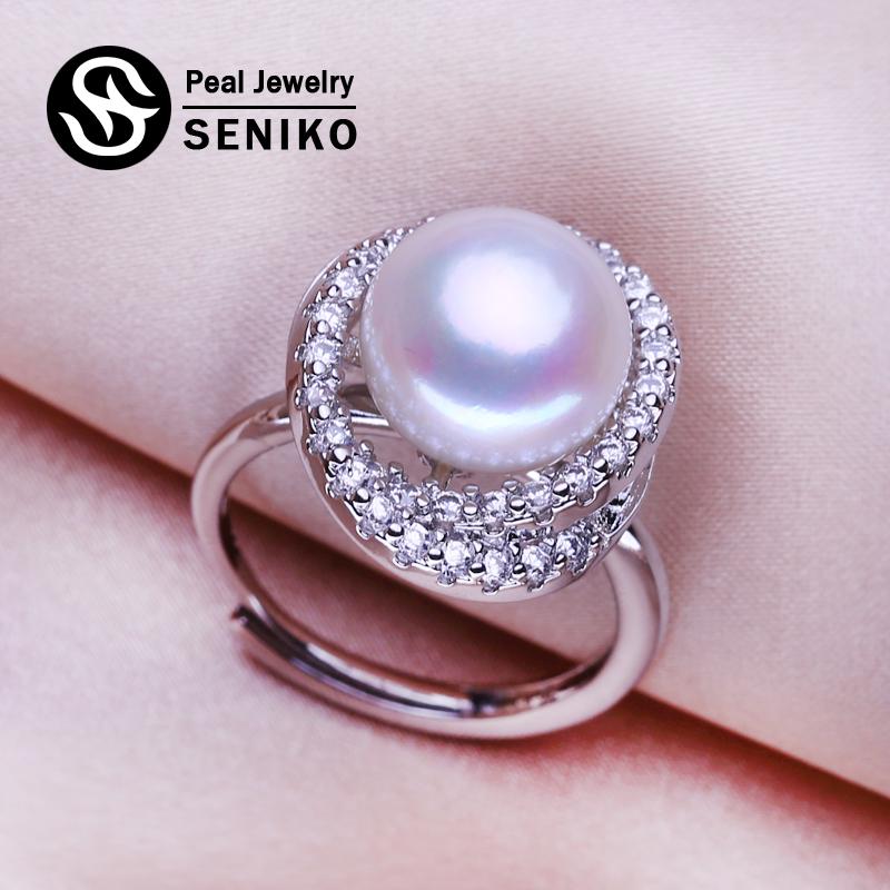seniko Кольца с натуральным пресноводным жемчугом 10-11 мм для женщин, модное женское кольцо с кубическим цирконием и цирконием, ювелирные изделия с жемчугом, регулируемое кольцо