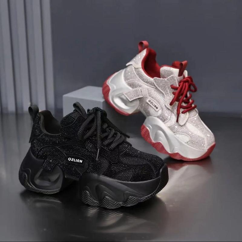 Толстая подошва громоздкие кроссовки женские модные блестящие кристаллы на плоской подошве сетчатые дышащие туфли для подъема новые кроссовки для фитнеса