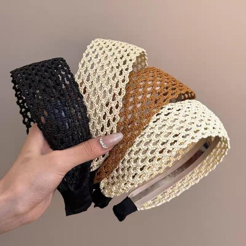Straw Wide Woven Headband Hollow-Out Weave Braided Headband Women Woven Hair Hoop Summer Vacation