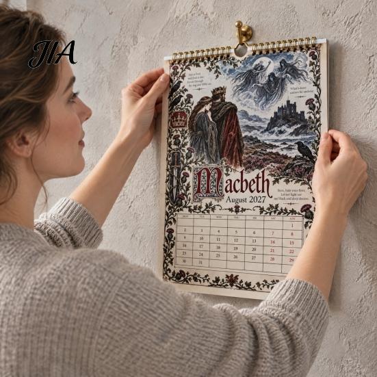 Functional Art Hanging Painting 2027 Wall Calendar, Vintage Illustrated Calendar with 12 Plays Through, Romance Daily Task Management Planner Literary