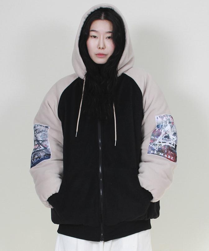 Demarc Graphic Color Block Fleece Padded Hooded Jumper Ver.2 Black & Beige