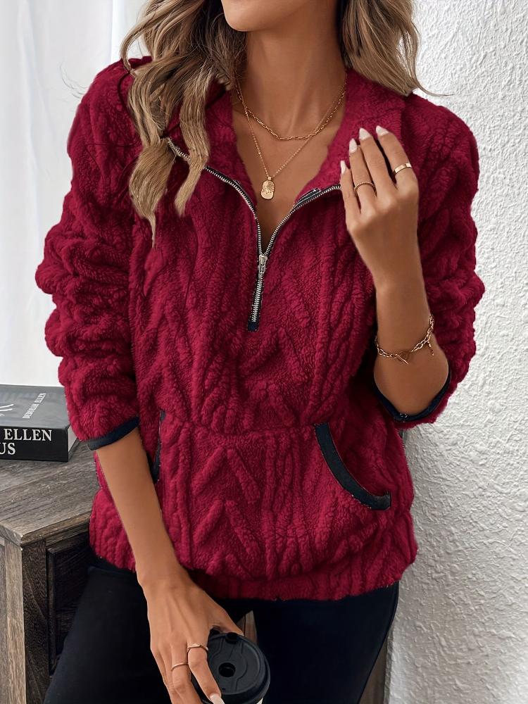 Women'S Fashion Fuzzy Sweatshirt, Solid Color, with Lapel Collar and Zipper Detail, for All-Season Comfort Pullover